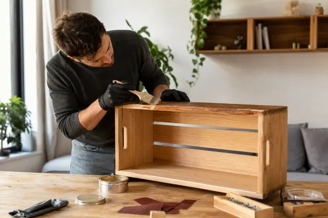 Étagère en caisse récupérée finie au bois naturel dans un salon