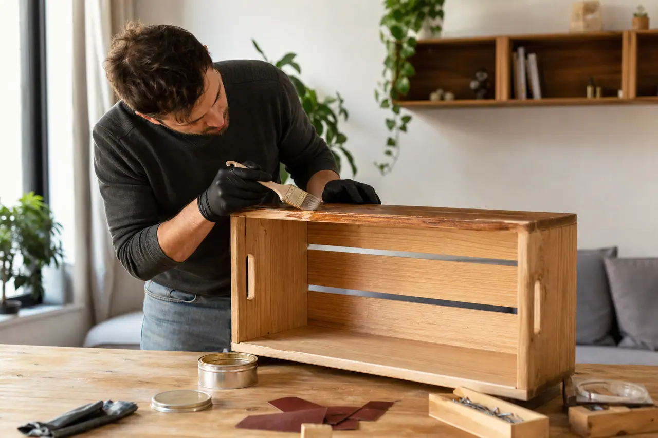 Étagère en caisse récupérée finie au bois naturel dans un salon