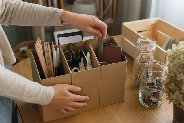 Organiseur en carton, bocaux récupérés et cagette en bois sur un bureau.