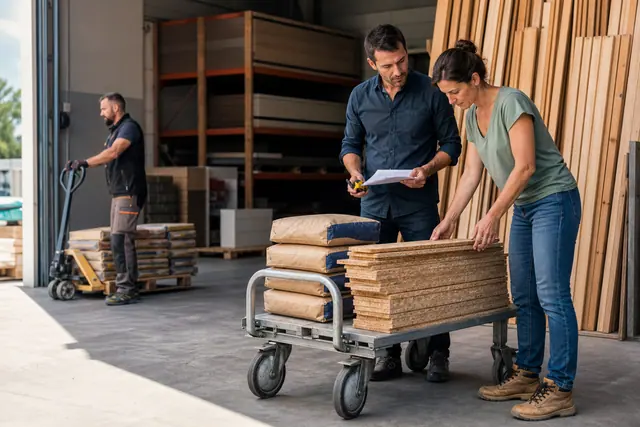 Clients comparant panneaux et matériaux avant chargement dans un dépôt de bricolage.