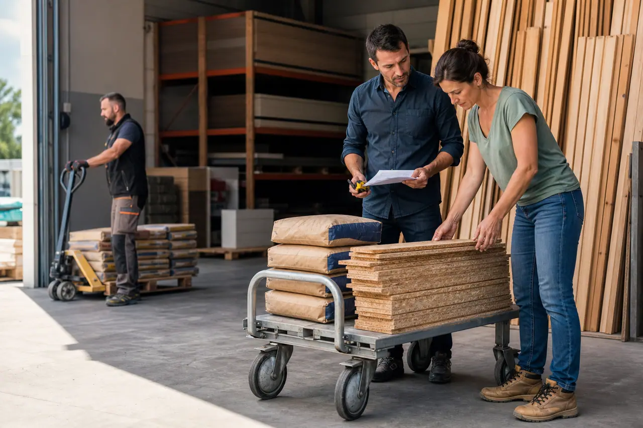 Clients comparant panneaux et matériaux avant chargement dans un dépôt de bricolage.