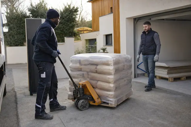 Palette de mortier livrée devant un garage avec zone de déchargement dégagée.