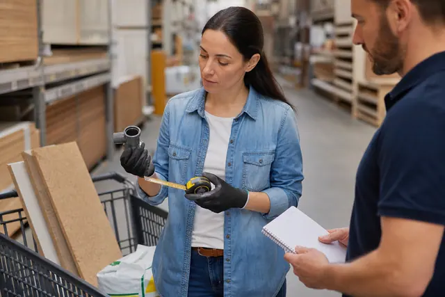 Cliente vérifiant un raccord et des dimensions dans un rayon de bricolage.