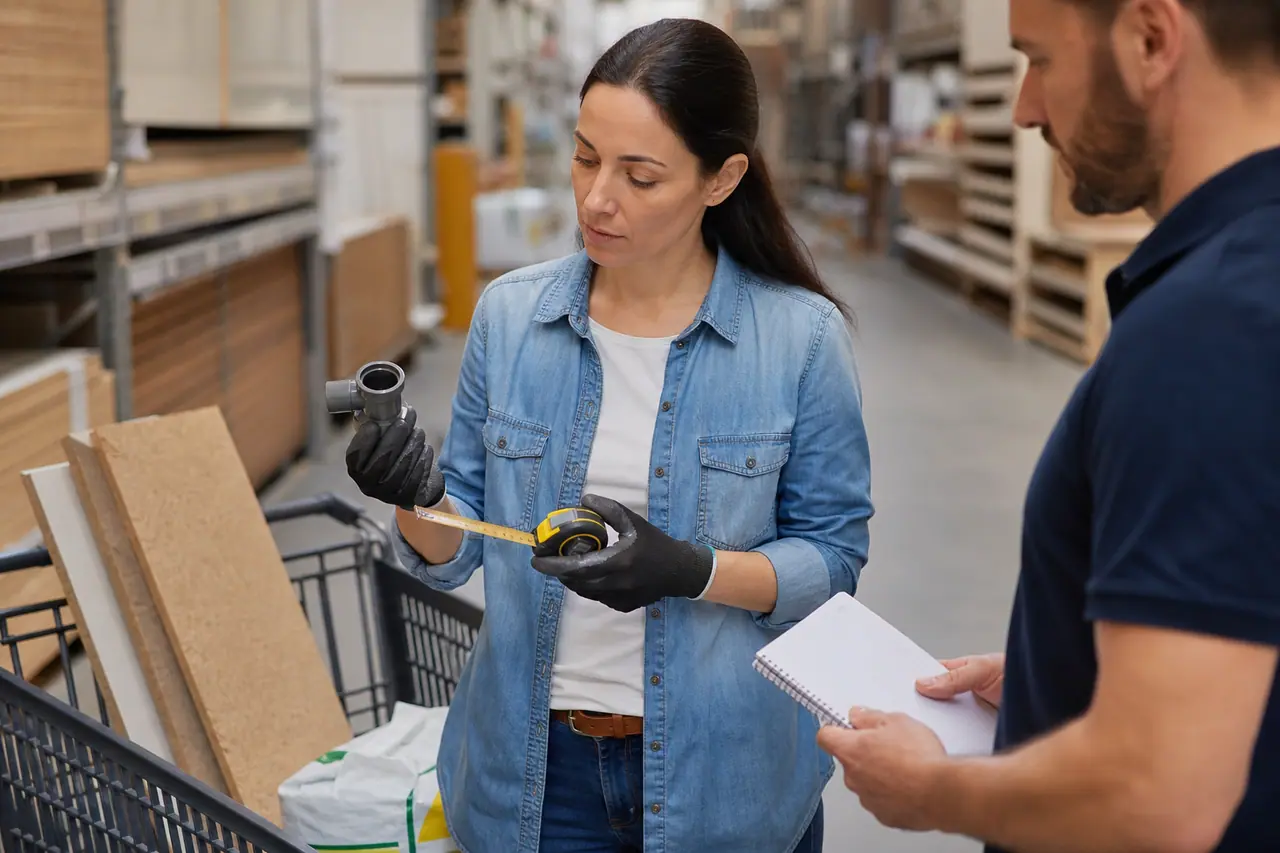 Cliente vérifiant un raccord et des dimensions dans un rayon de bricolage.