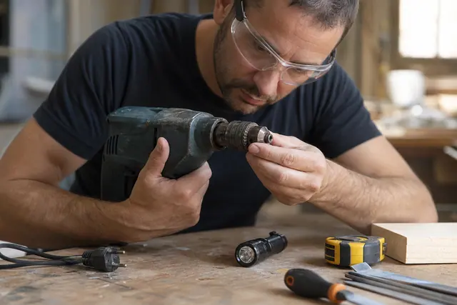 Particulier contrôlant le mandrin d’une perceuse d’occasion sur un établi.