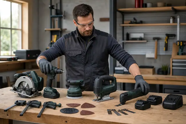 Cinq outils électroportatifs organisés sur un établi avec batteries et accessoires.