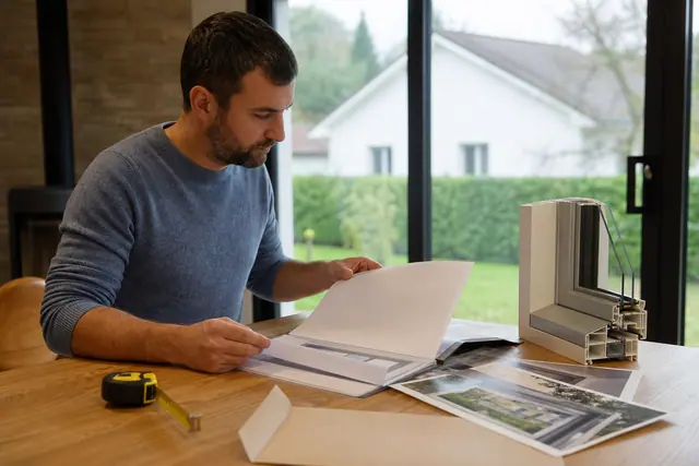 Dossier de commande de fenêtres organisé sur une table devant une baie vitrée.