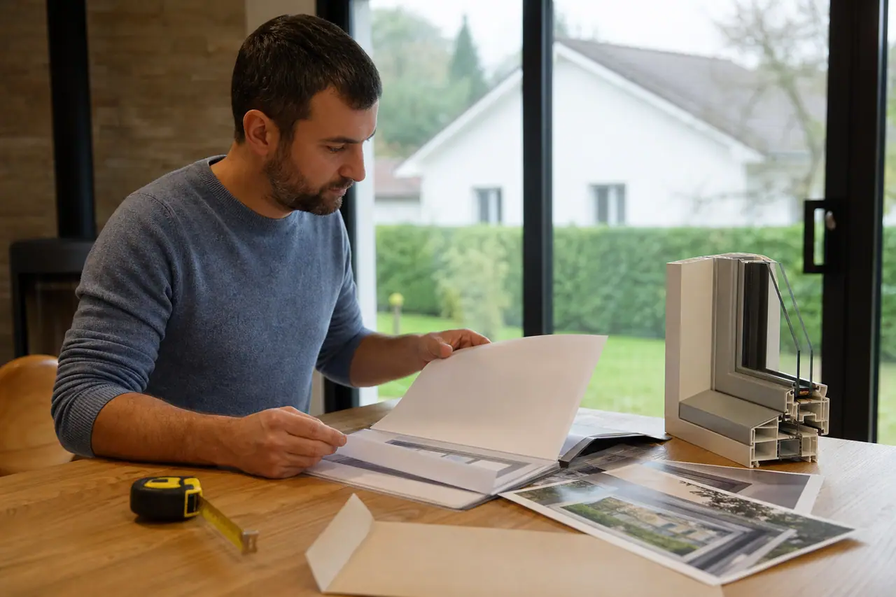 Dossier de commande de fenêtres organisé sur une table devant une baie vitrée.
