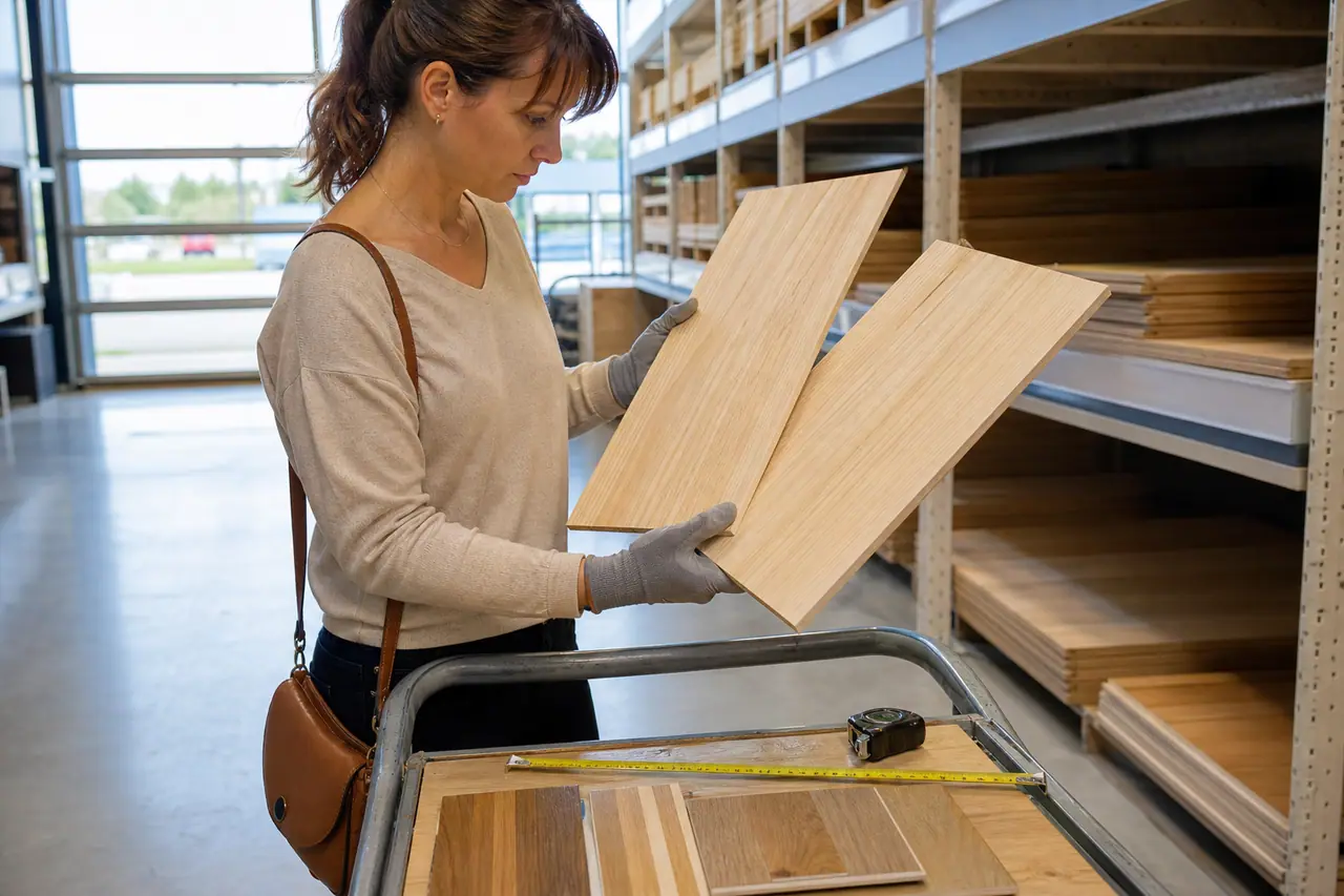 Bricoleuse comparant des panneaux de bois et un mètre ruban en magasin