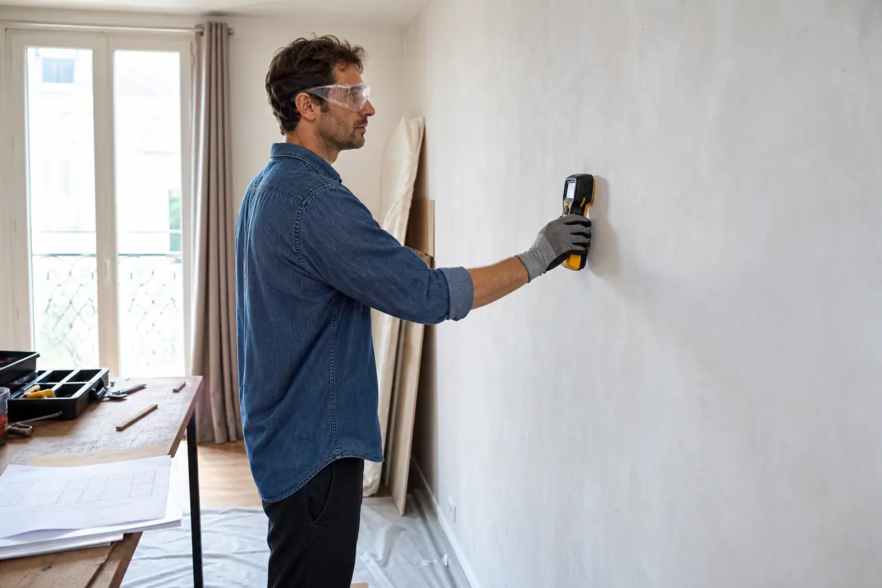Particulier vérifiant un mur avec détecteur avant perçage dans un appartement protégé.