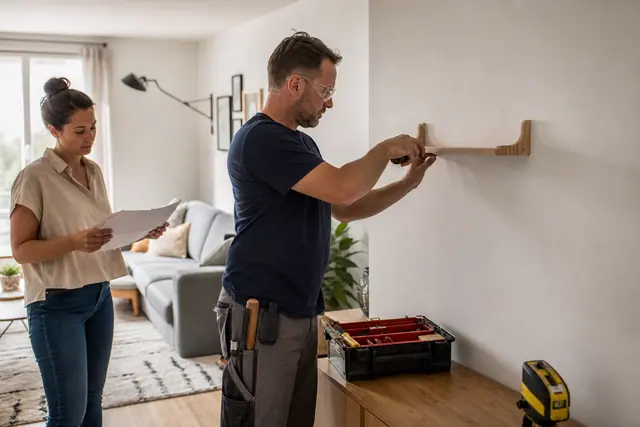 Intervenant fixant une petite étagère pendant qu’une cliente vérifie son devis.