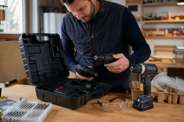 Bricoleur comparant une perceuse seule et un kit complet sur établi.