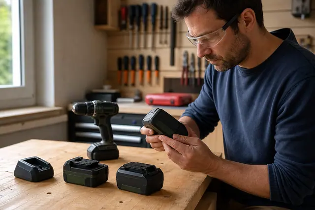 Batteries et chargeur sans fil alignés sur un établi d’atelier