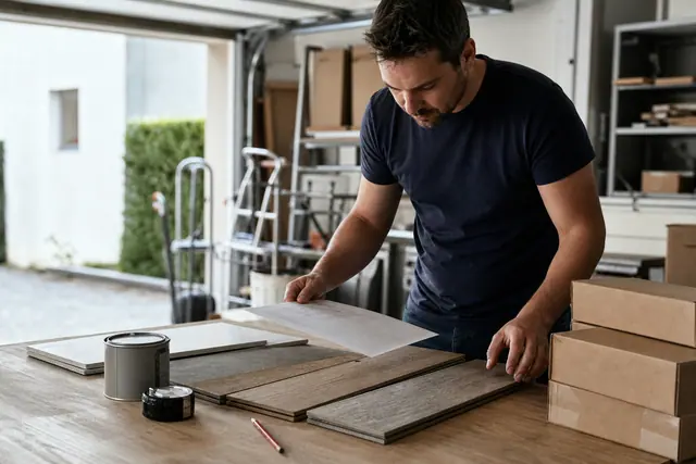 Particulier organisant des matériaux de rénovation avec liste et échantillons dans un garage.