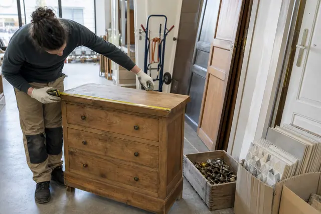 Acheteur mesurant une commode en bois dans une ressourcerie bien organisée.