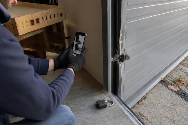 Propriétaire documentant une effraction sur la porte de son garage.