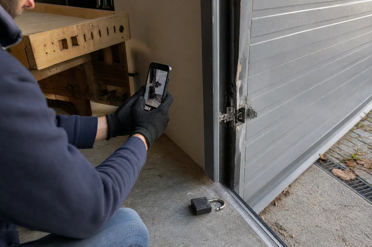 Propriétaire documentant une effraction sur la porte de son garage.