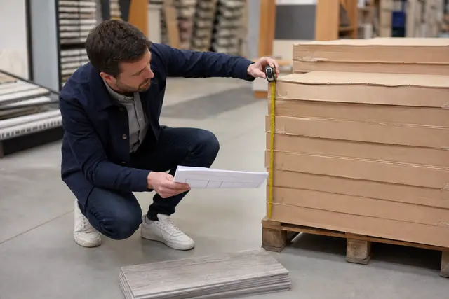 Bricoleur vérifiant des cartons de carrelage avant un achat en déstockage