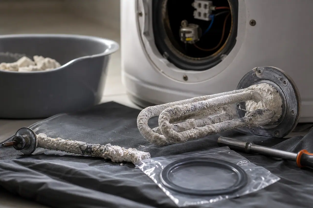 Bride de chauffe-eau déposée avec résistance entartrée et anode magnésium usée