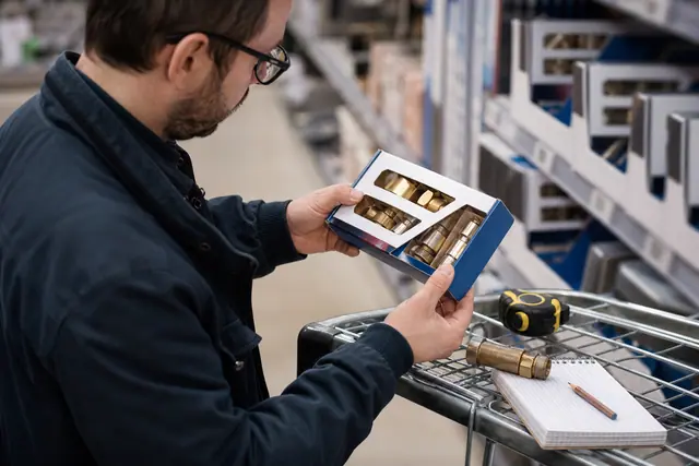 Client vérifiant un raccord de plomberie dans un rayon de bricolage.