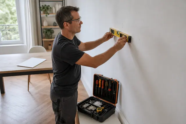 Professionnel préparant la pose sécurisée d’une étagère dans un appartement rénové