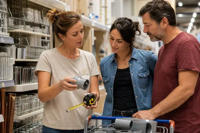 Conseillère aidant un couple à choisir un raccord dans un magasin de bricolage.