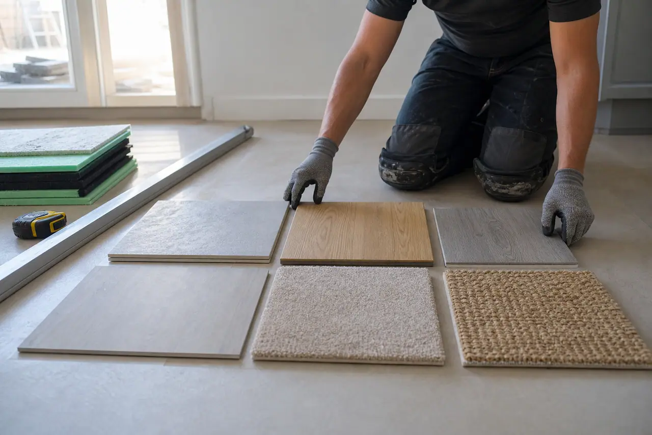 Échantillons de carrelage, parquet, stratifié, vinyle, moquette et sisal comparés au sol.