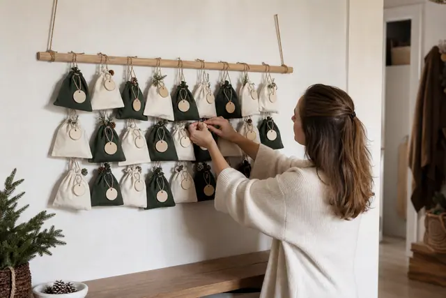 Calendrier de l’Avent en sachets de tissu suspendus sur un tasseau en bois.