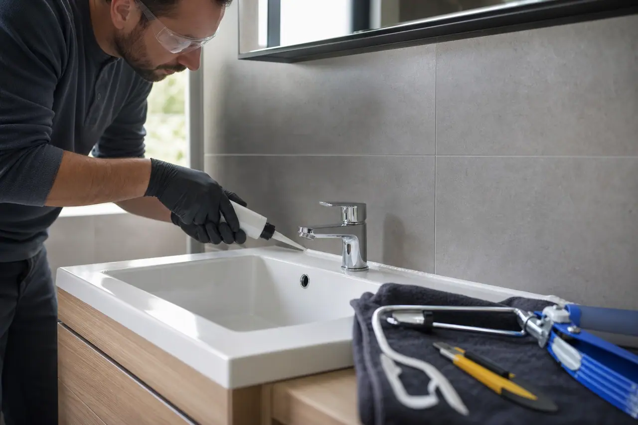 Bricoleuse refaisant soigneusement un joint silicone autour d’un lavabo.