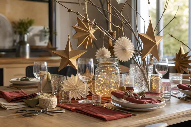 Décorations de Noël en carton, tissu et bocaux LED sur une table.