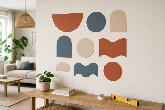 Composition géométrique en papier coloré fixée au-dessus d’une console en bois clair.