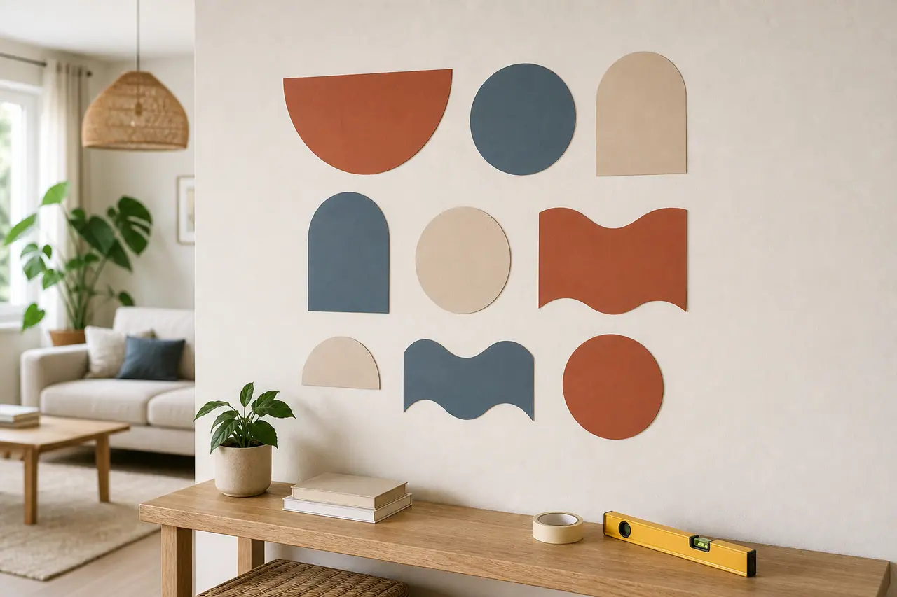 Composition géométrique en papier coloré fixée au-dessus d’une console en bois clair.