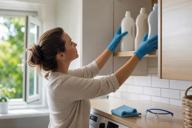 Produits ménagers rangés séparément dans un placard ventilé avec gants et lunettes.