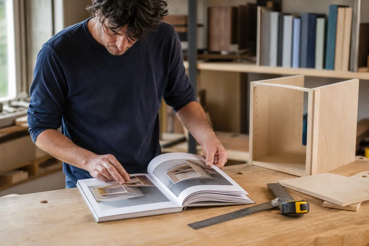 Lecteur consultant un guide de bricolage devant un meuble en bois à assembler.