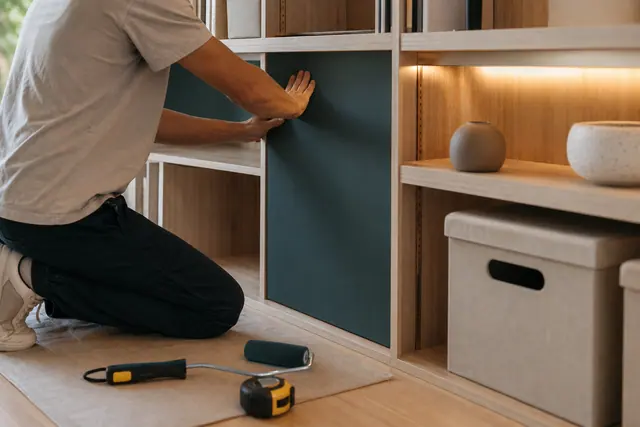Étagère en bois relookée avec fond coloré, éclairage LED et rangements sobres.