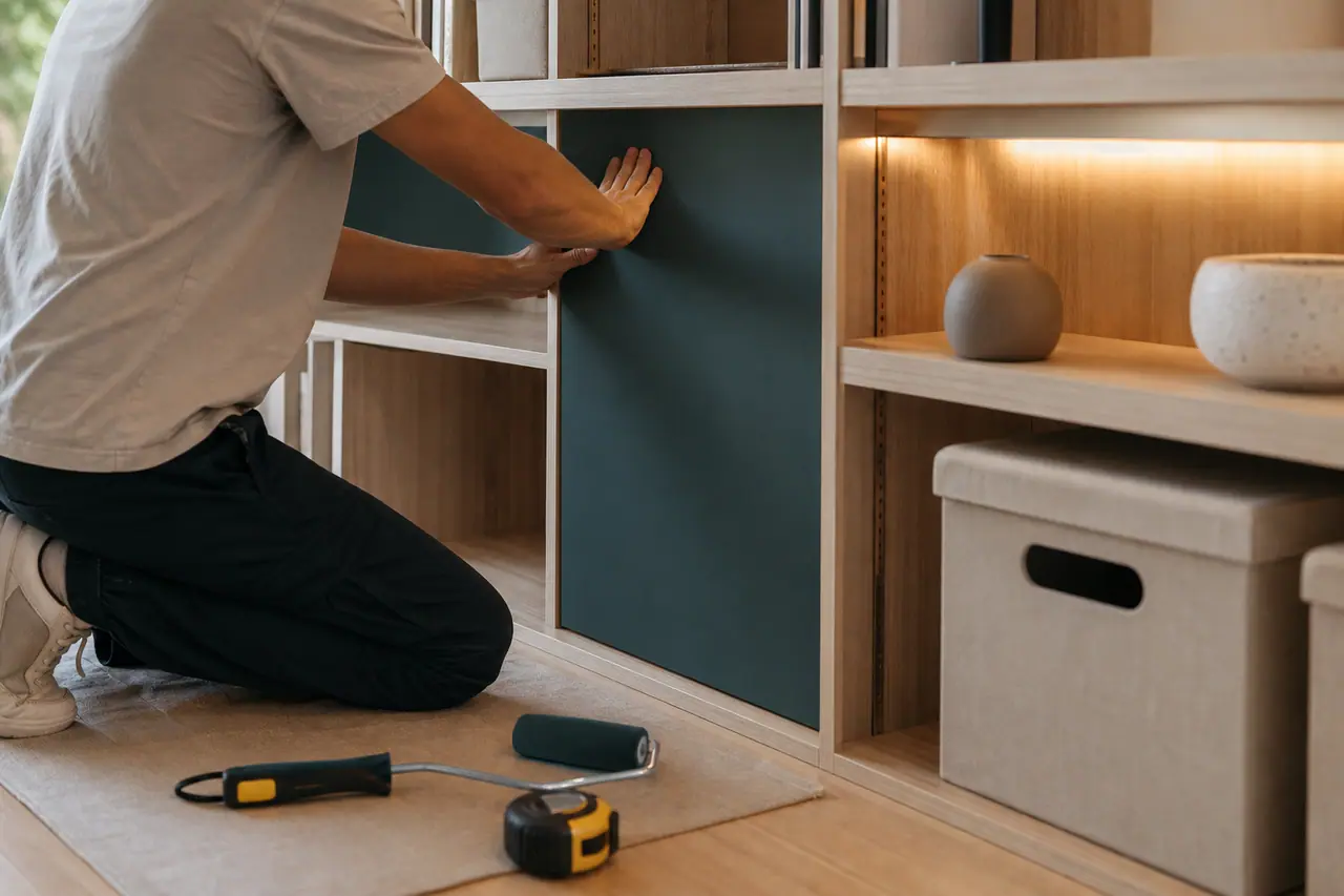Étagère en bois relookée avec fond coloré, éclairage LED et rangements sobres.