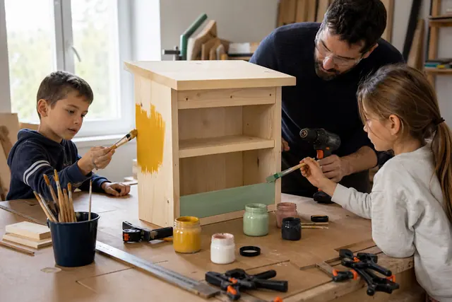 Adultes et enfants décorent une caisse à livres en bois sur une table protégée.