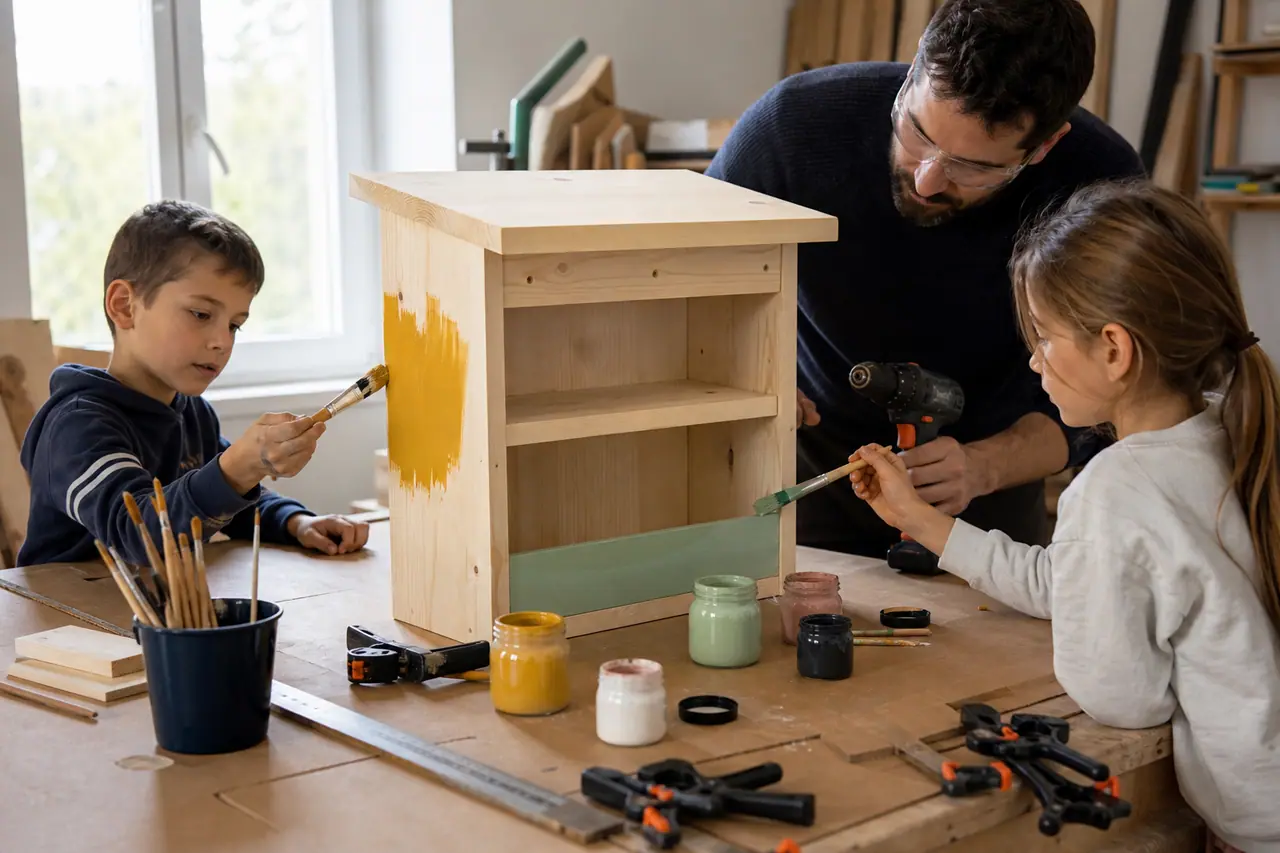 Adultes et enfants décorent une caisse à livres en bois sur une table protégée.