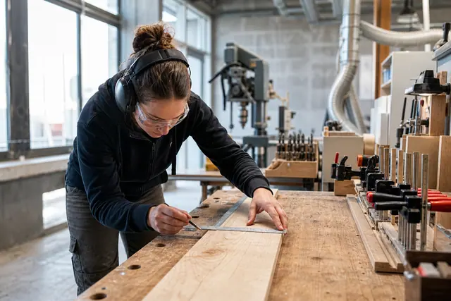 Débutant équipé mesurant une planche sur l’établi d’un atelier partagé.