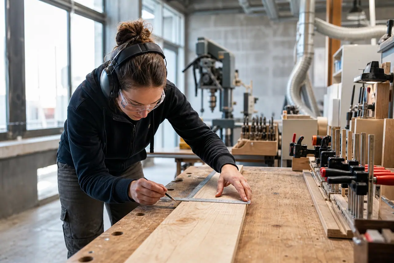 Débutant équipé mesurant une planche sur l’établi d’un atelier partagé.