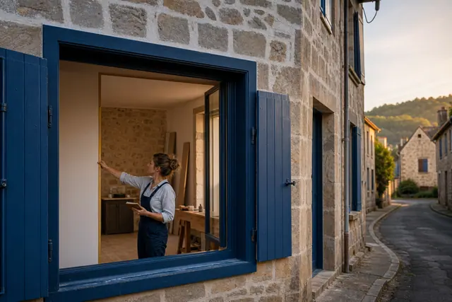 Ancienne boulangerie en pierre rénovée avec volets bleus et séjour familial lumineux.