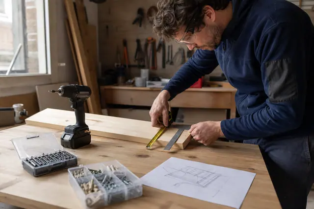 Bricoleur mesurant une planche avec équerre avant de percer.