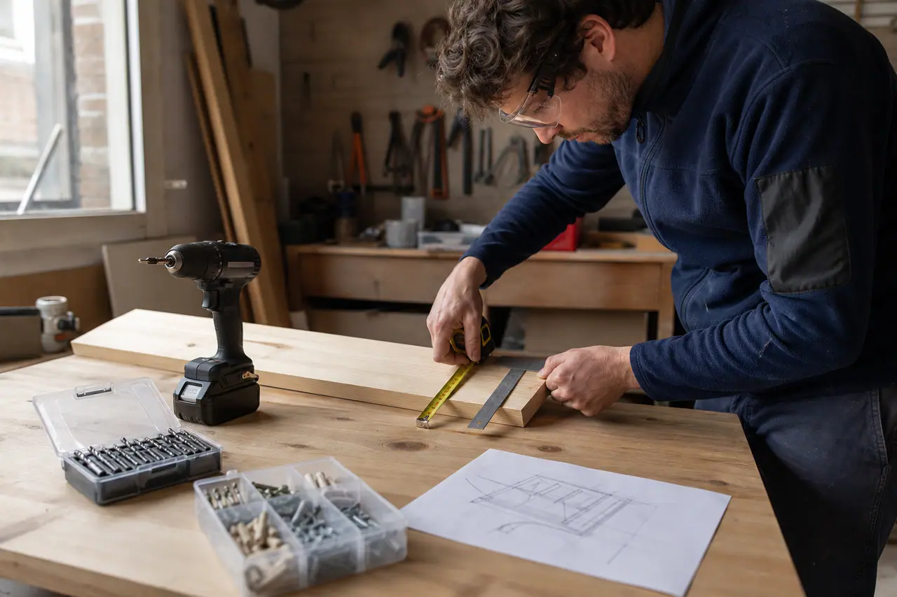 Bricoleur mesurant une planche avec équerre avant de percer.