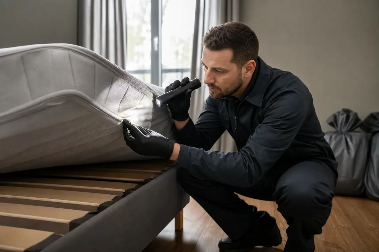 Technicien inspectant les coutures d’un matelas avec lampe torche et gants