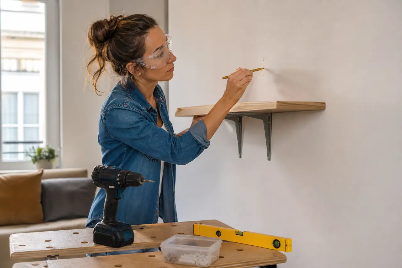 Bricoleuse mesurant un mur avant de fixer une étagère en bois.