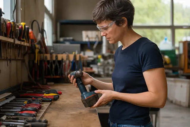 Personne inspectant une perceuse-visseuse d’occasion sur l’établi d’une ressourcerie.