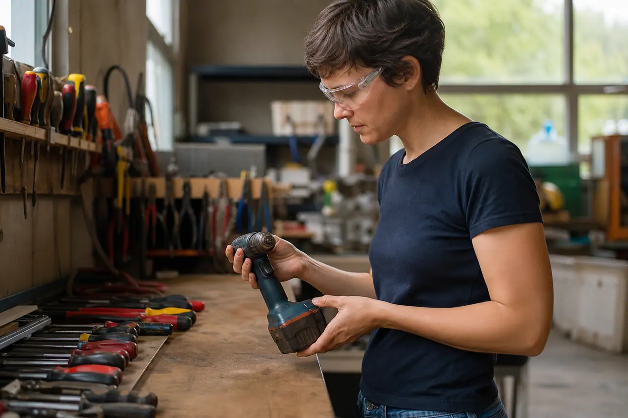 Personne inspectant une perceuse-visseuse d’occasion sur l’établi d’une ressourcerie.
