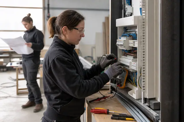 Électricienne équipée contrôlant un tableau hors tension dans un atelier de rénovation.