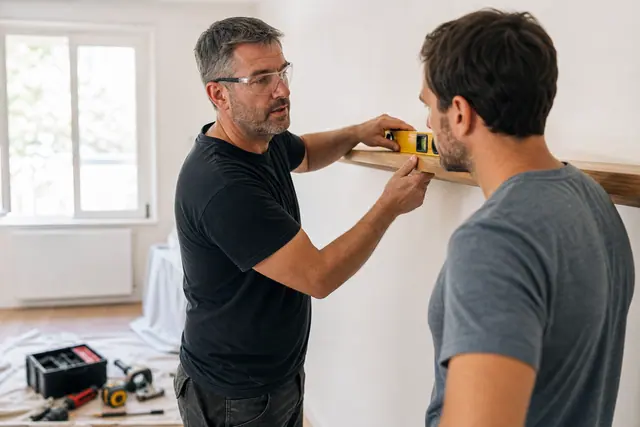 Coach en bricolage guidant un propriétaire pour poser une étagère murale.