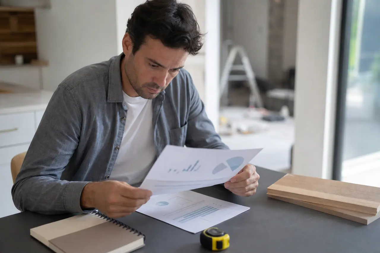 Particulier analysant un rapport de ventes et un budget travaux sur table.